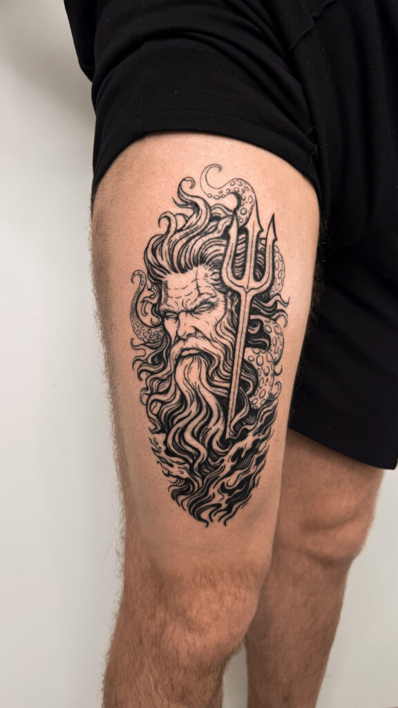 Тату Посейдон з тризубцем на стегні — Skaty.Tattoo